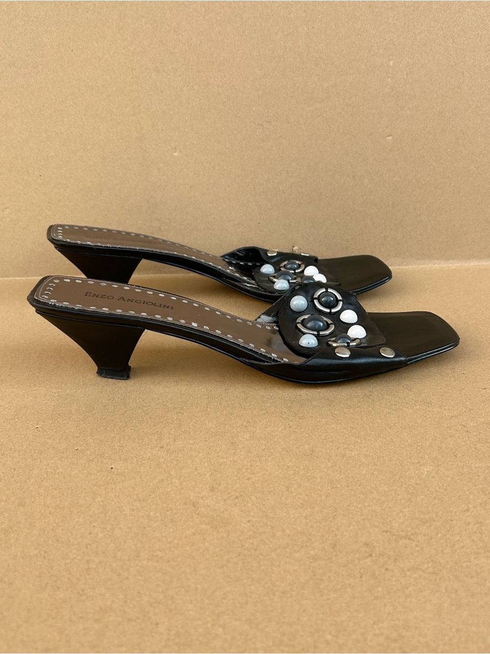 Enzo Angiolini VTG Kitten Heels Mules Leather Studded Cabochon Open Toe 9M Black